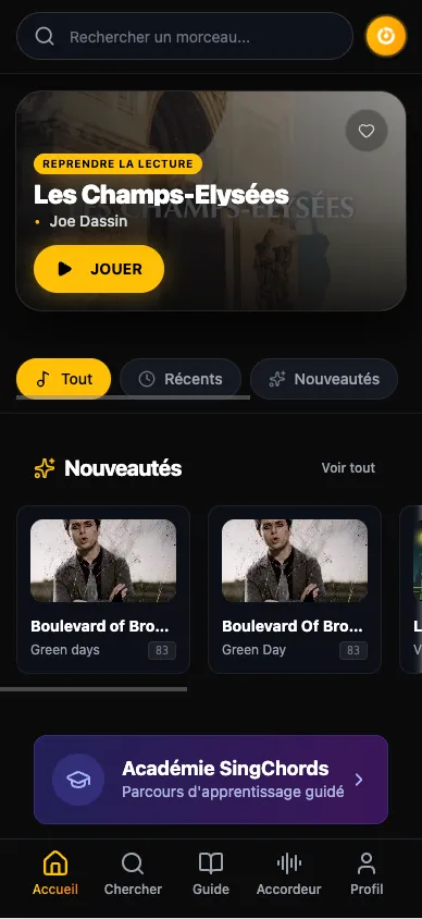 SongChords - App musicale IA : jouer en chantant avec accords générés automatiquement. Beta testée par 200+ musiciens.